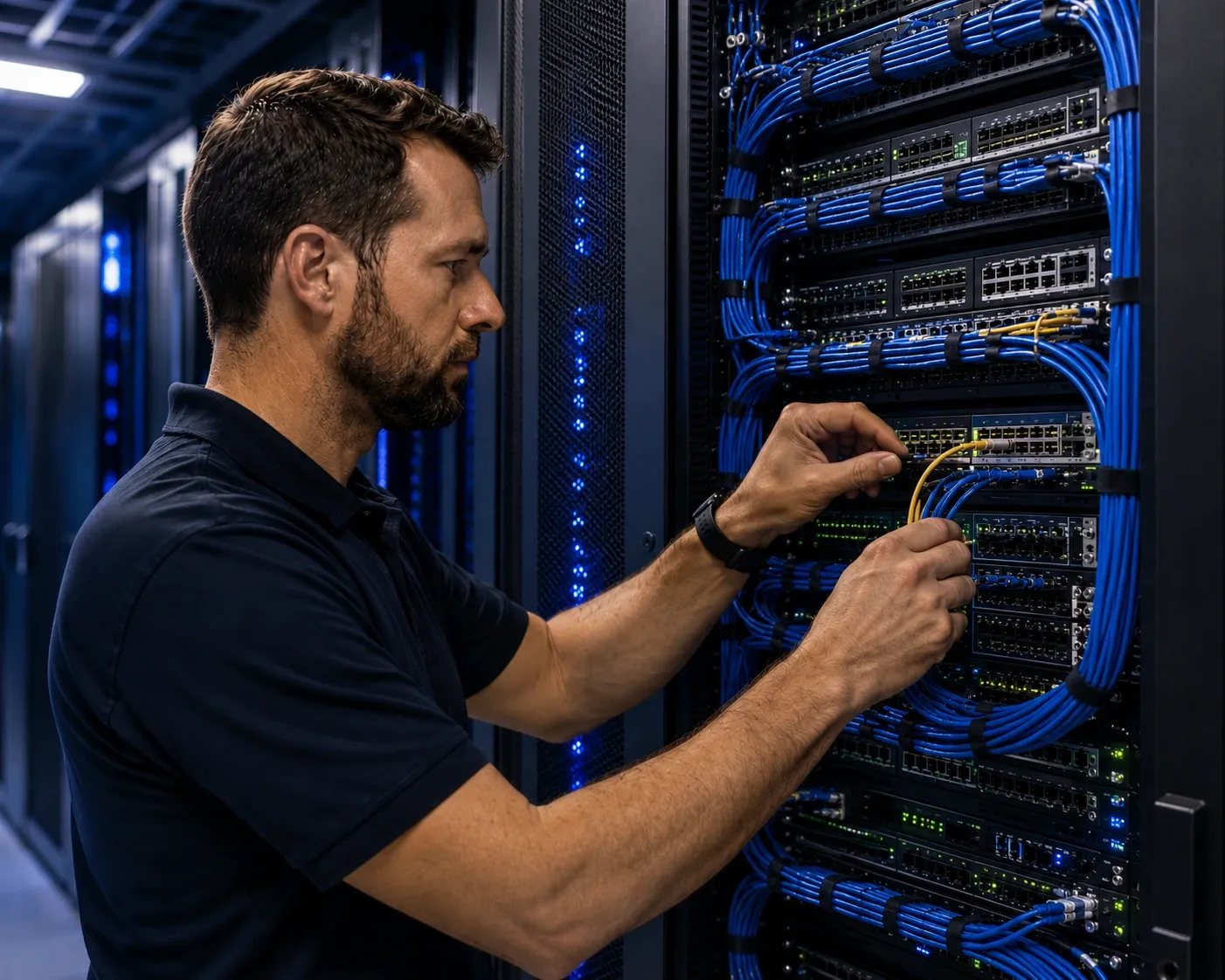 Technician performing structured cabling work in a server rack